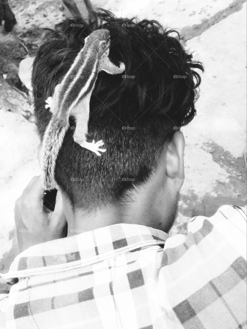 b&w photo,for u pics,Photo of human and animal, Photo of a little squirrel, A photo exemplifying friendship, Colorful photo of faith, Funny photo, Color photo of squirrel, A squirrel sitting on the head, A great picture for you, A memorable photo