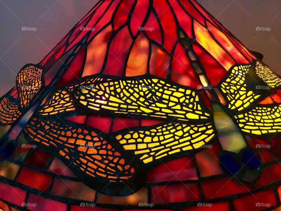 Dragonfly stained glass, lit