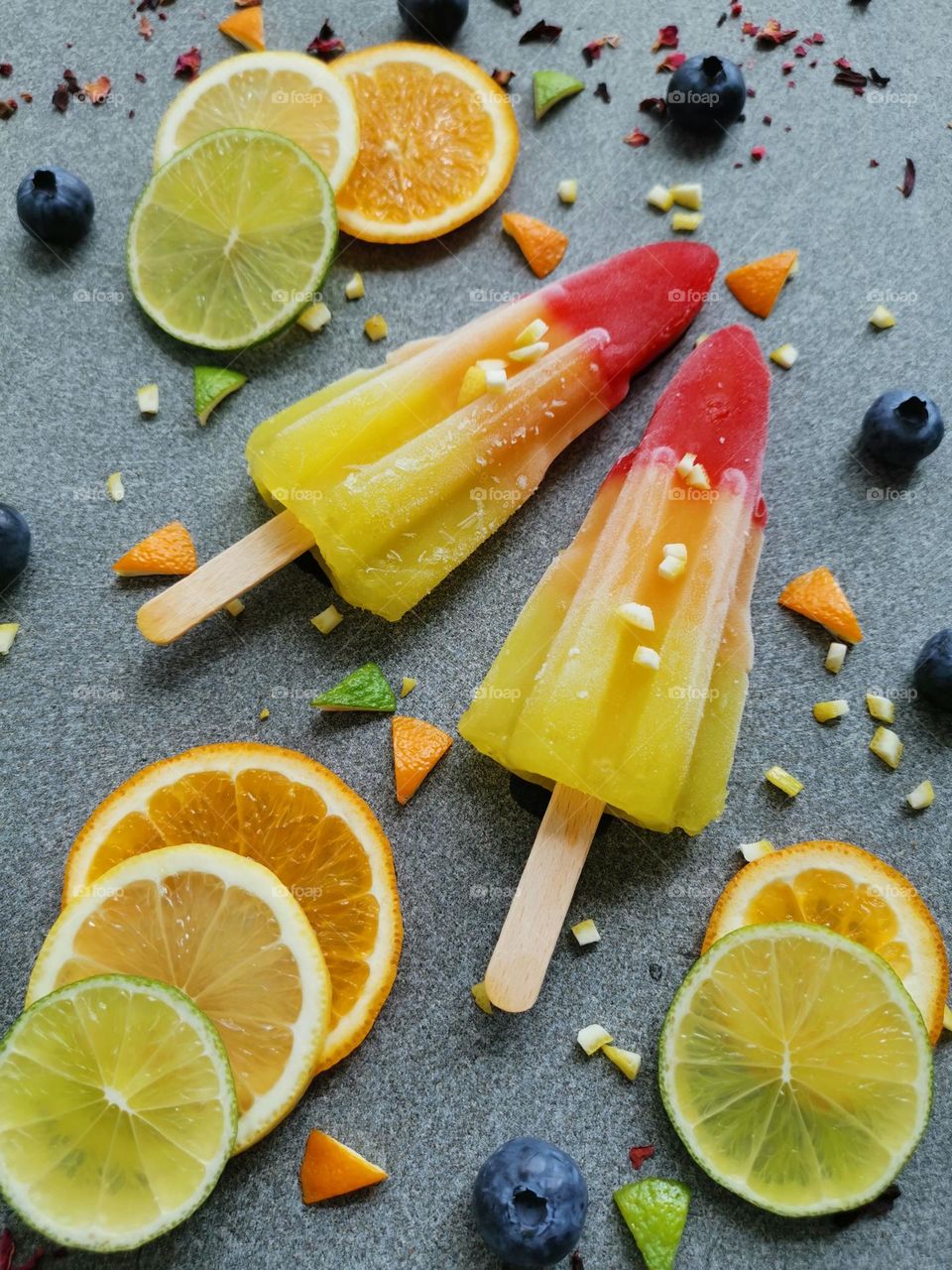 Summer time, summer mood, summer treats! Delicious iced lollies and juicy fruits. Refreshing snacks. 