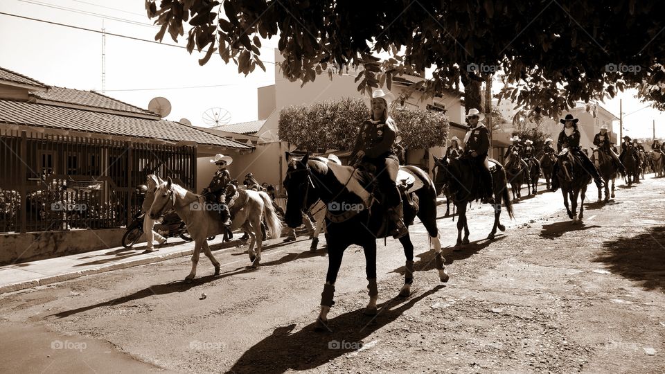 Cavalos, touros e cavaleiros. Confraternização, cavalgada nas ruas. Evento agropecuario tradicional comemorativo de aniversario de cidade brasileira. Cowboys e Cowgirls.