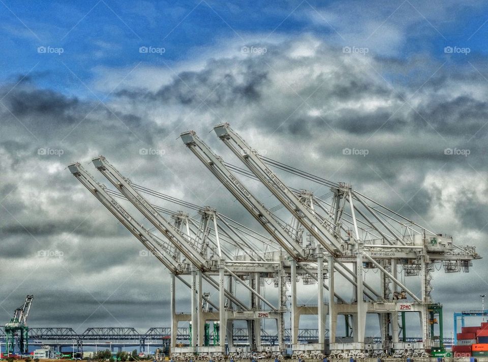 Industrial Seaport Loading Cranes. Giant Steel Cargo Loading Cranes At The Port Of Oakland
