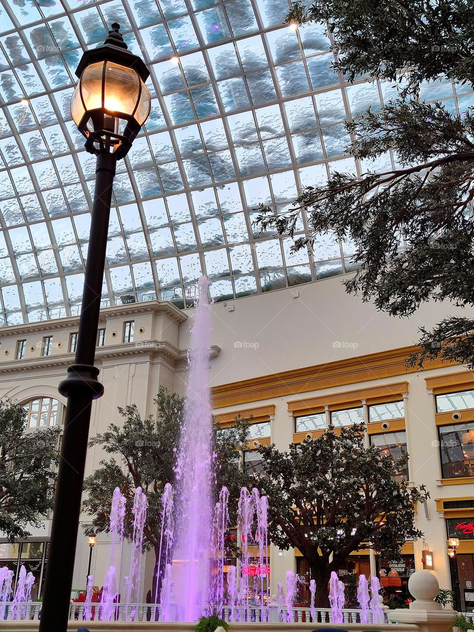 Purple musical fountain in a closed park.  Around the fountain are green trees, a luminous street lamp.  There is snow on the roof.