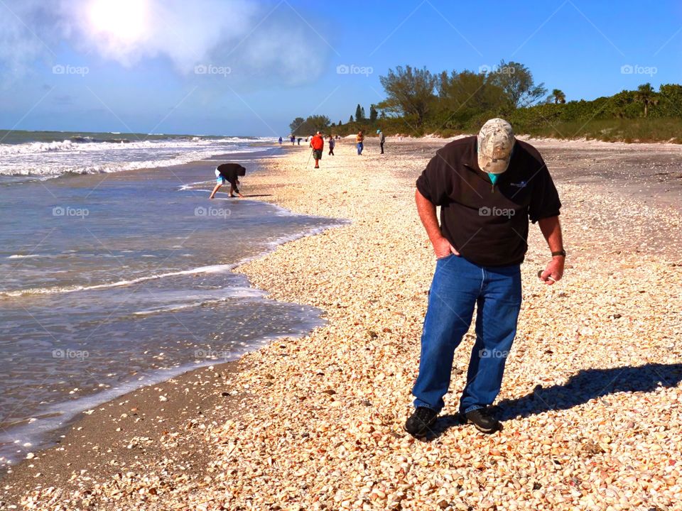  Beachcombers enjoying a sunny day and a treasure trove of seashells.