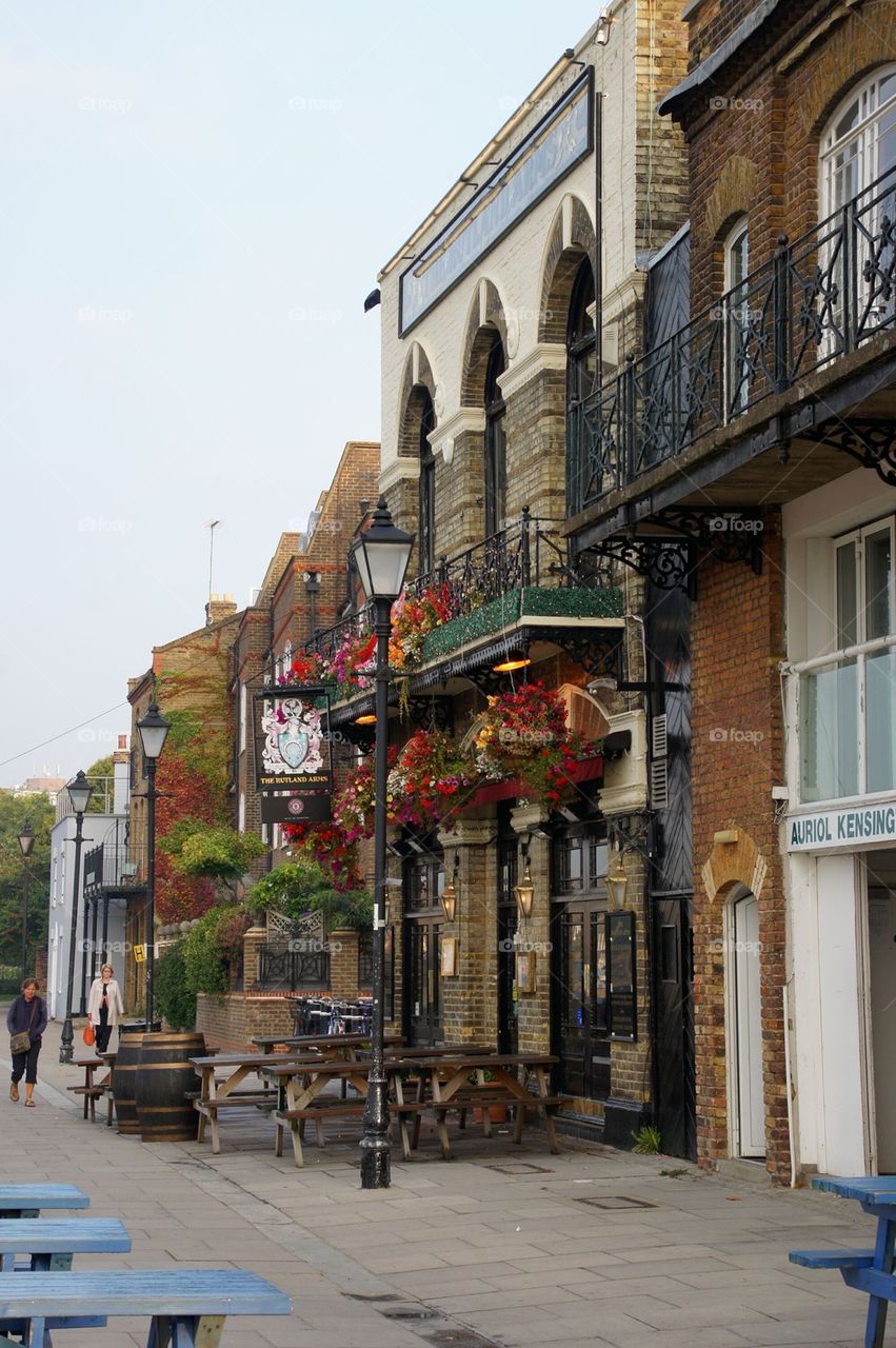 Shops along the river Thames in London England