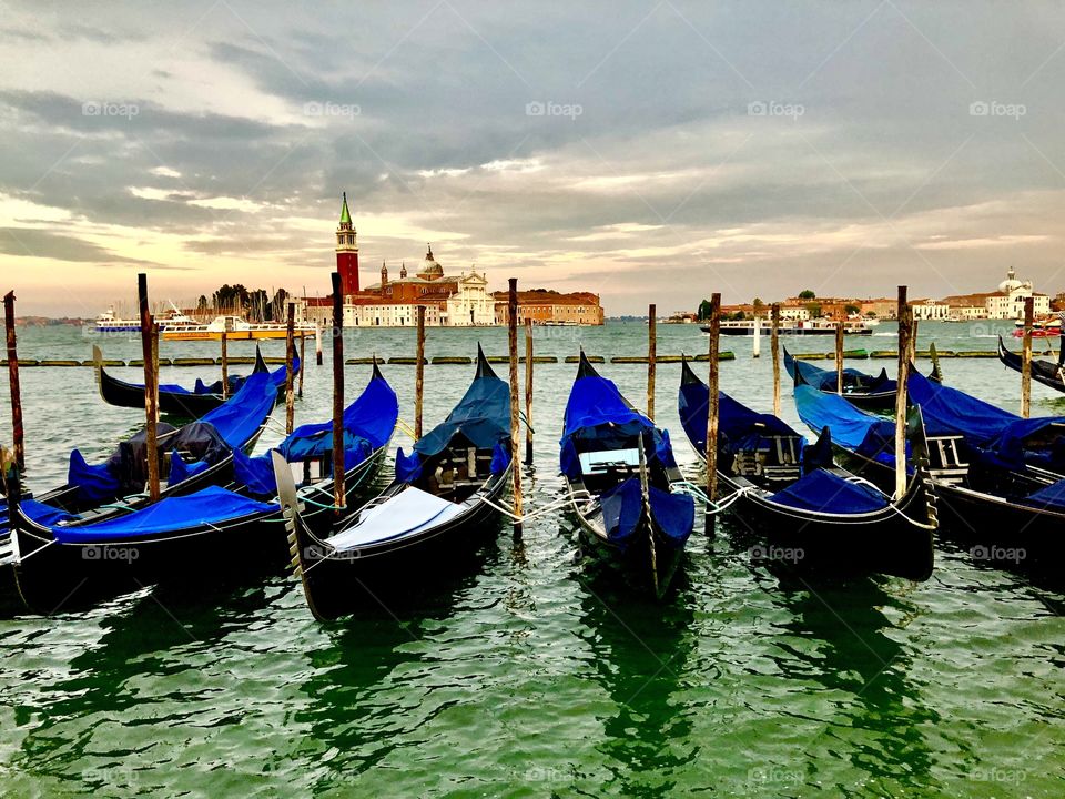 Gondola’s at rest on a evening in Venice Italy 