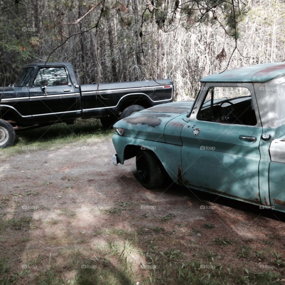 Past generations meet current, my Grandfathers old green chevy parked with my Fathers old Ford.