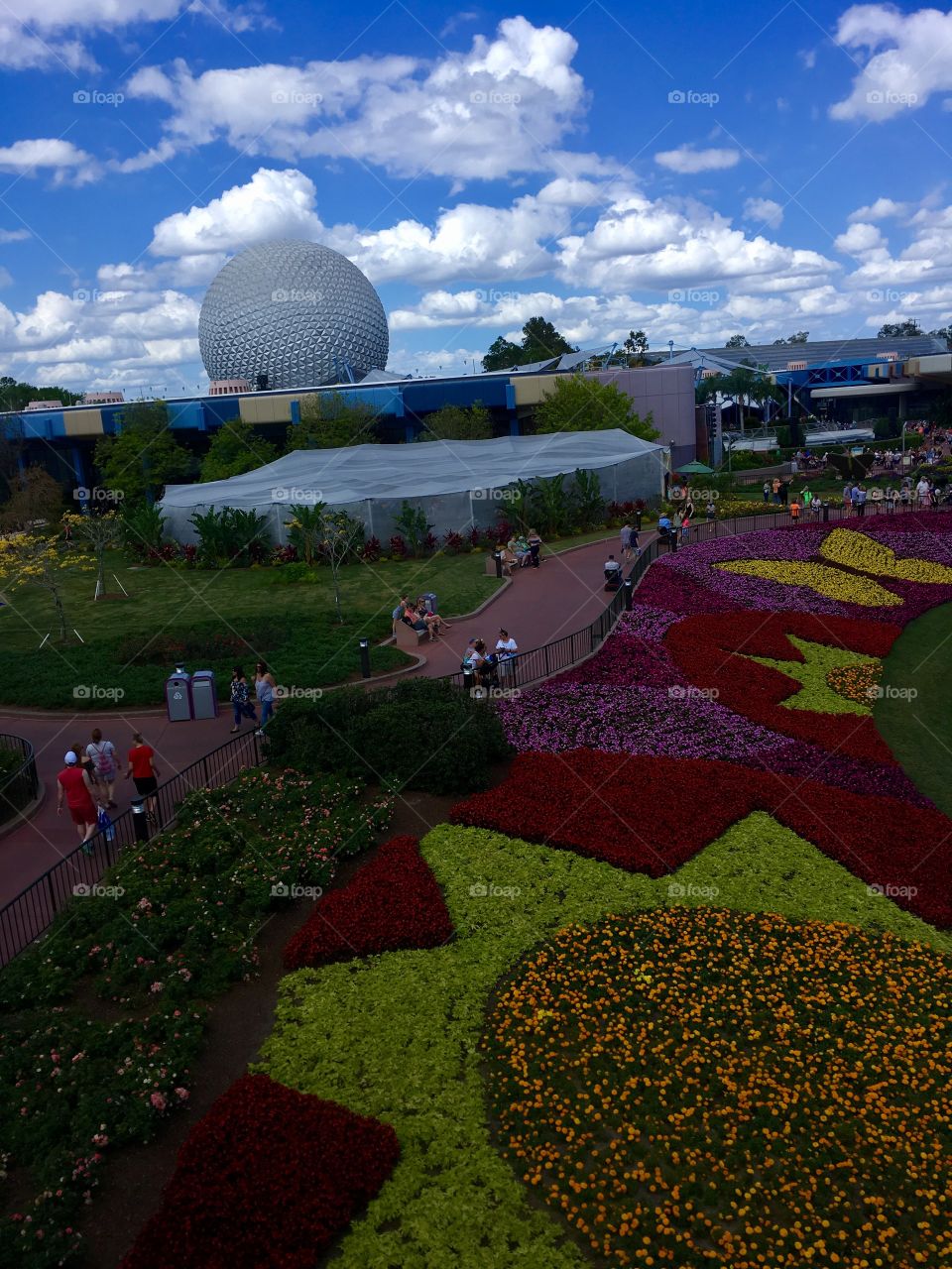 View of Epcot from the monorail during the flower and garden festival. 