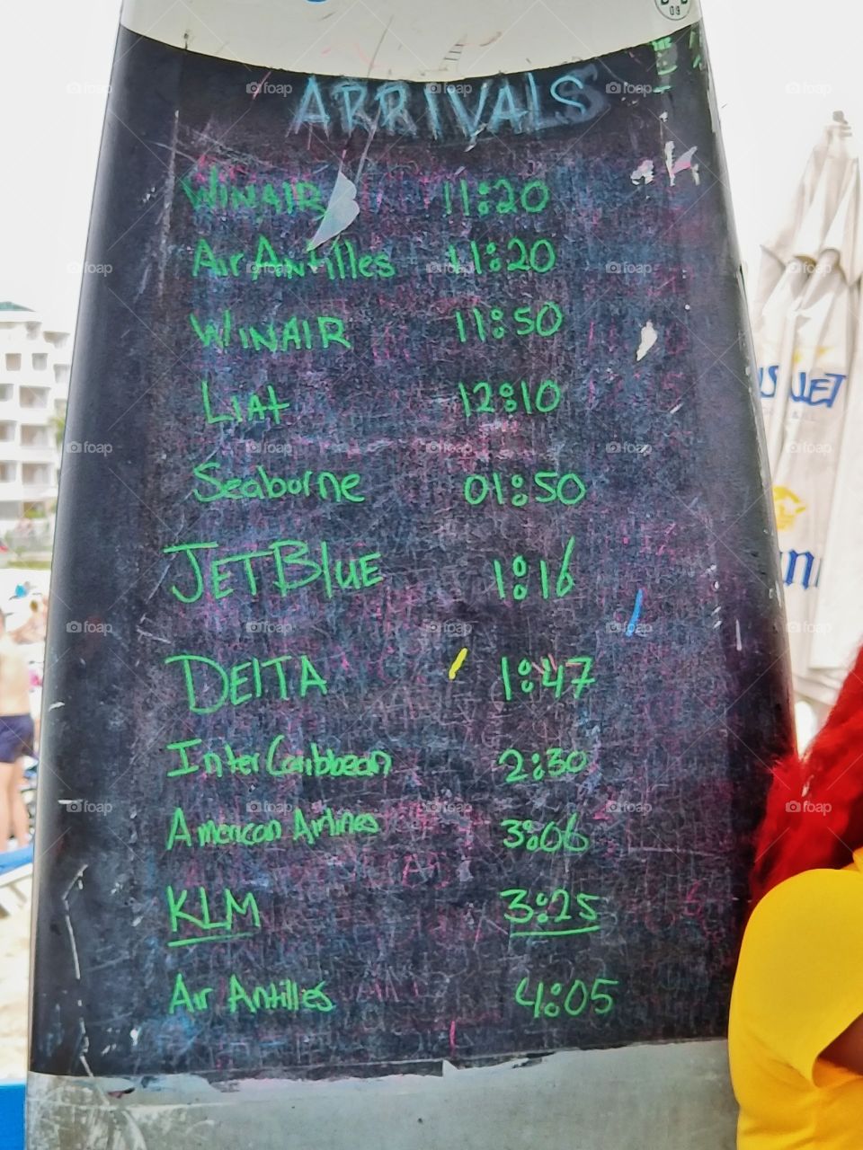 Surfboard with plane✈arrivals written on it..Maho Beach St Maarten