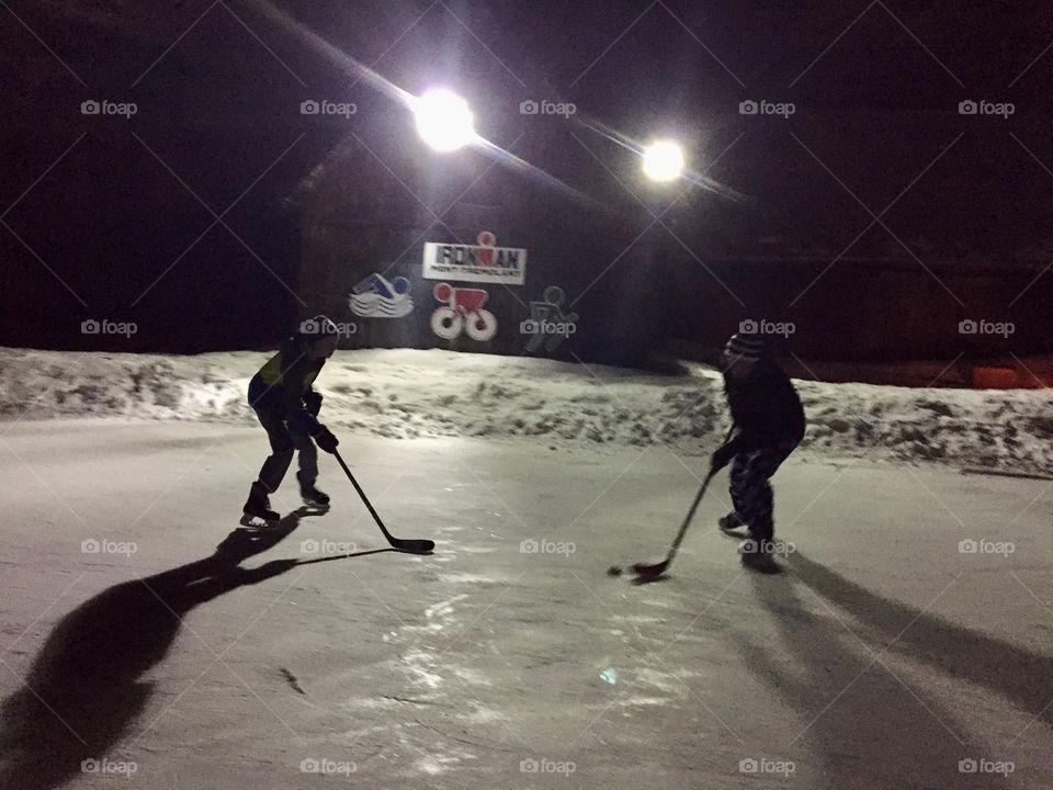 One on one hockey duel.