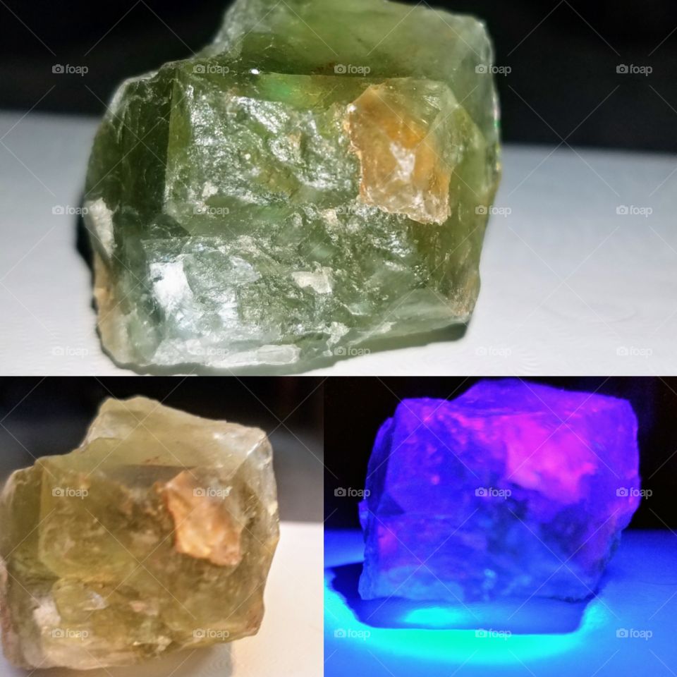 This is the same piece of rough green fluorite mined in Ontario, Canada. I took a pic under natural light, back it artificially and then with long wave u.v. light. The pink cube inside is a calcite growth.