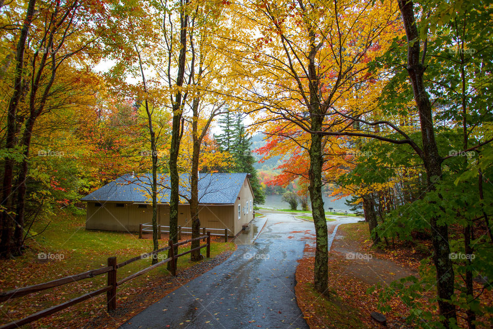 Beautiful autumn colors with cottages in rain. Echo Lake, Franconia Notch, NH. Background of fall leaves of yellow, orange, red, brown and green. Rainy weather. New England fall foliage.