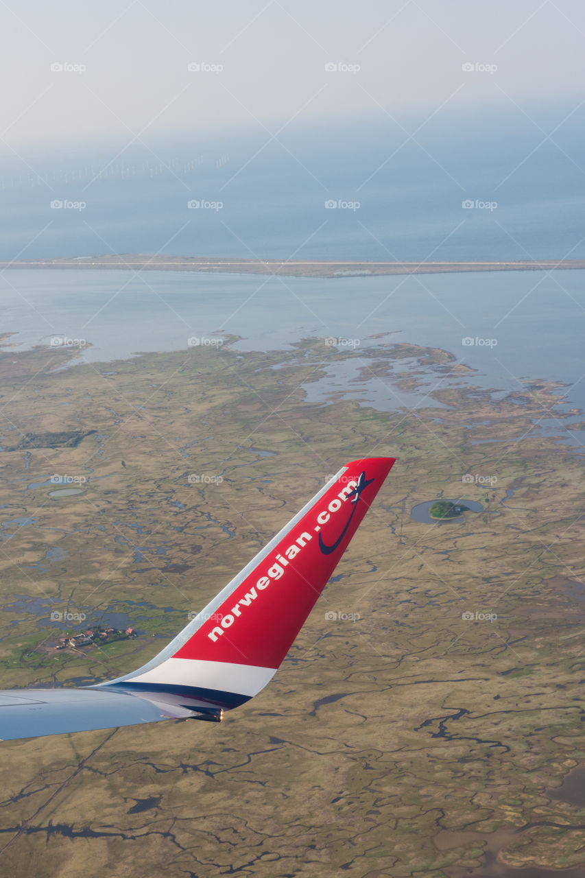 View from airplane window. Landscape over Öresund between Denmark and Sweden.