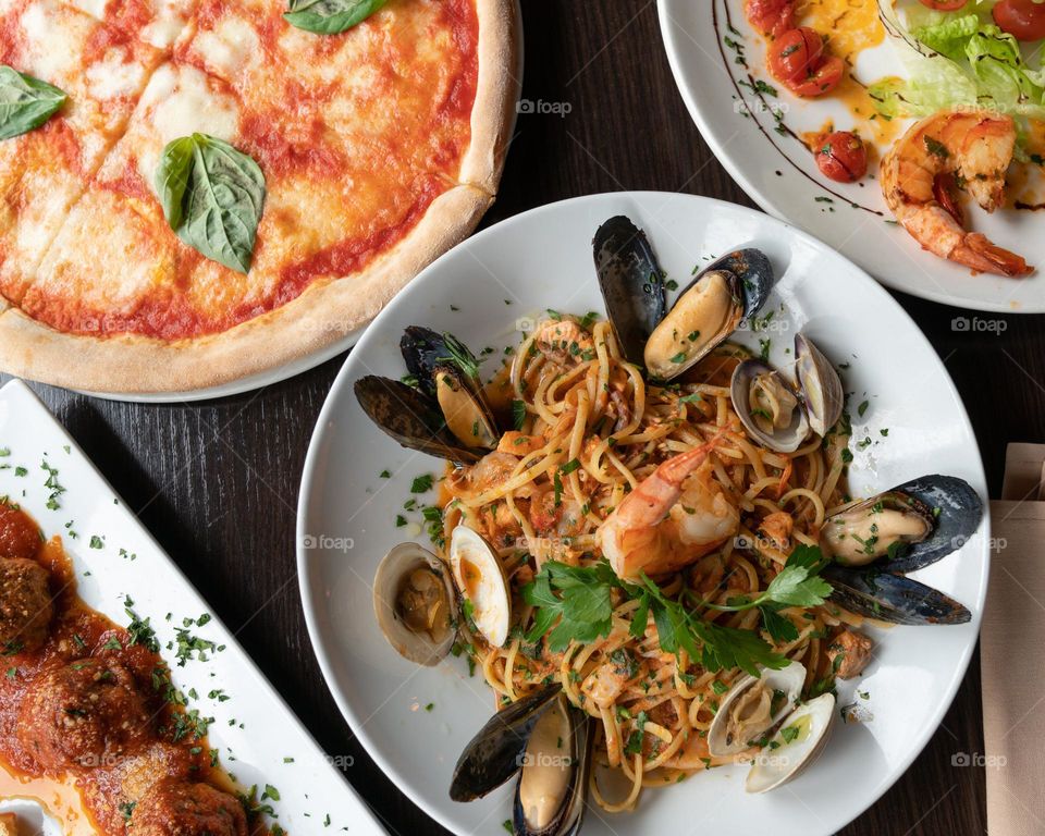 Tasty Shellfish Pasta Pizza And Italian Food