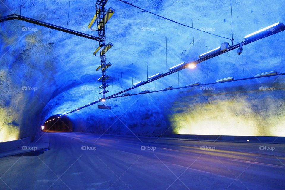 Lærdalstunnelen «tunnel Lærdalen» with blue built in lights in Lærdalen, Norway