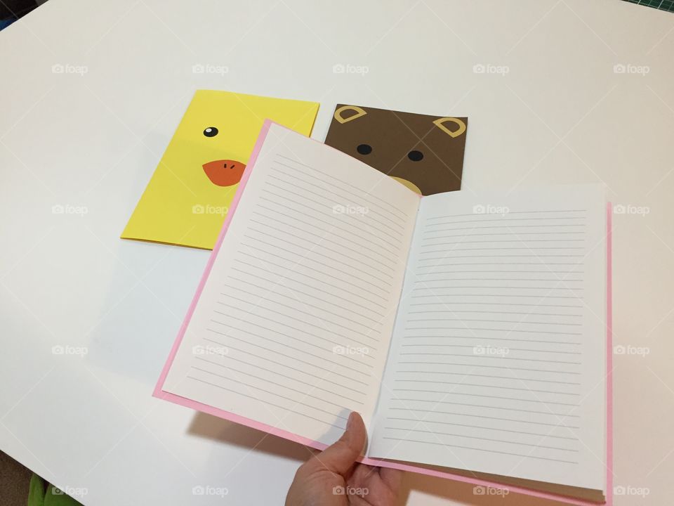 Ducky, bear, piggy, animals, notebooks, pink, yellow, brown, table top, paper, lined notebook, journal, book