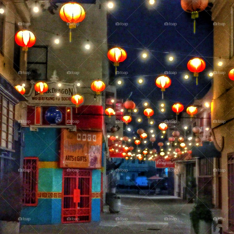 Green Door in Chinatown. A nighttime scene in Los Angeles Chinatown with lanterns