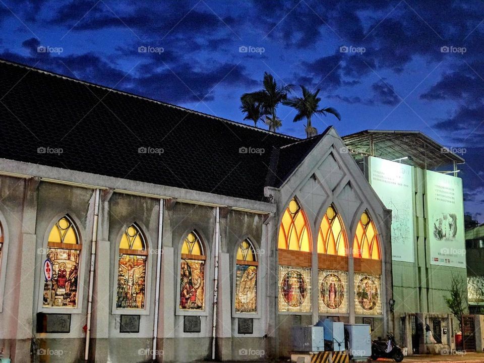Beautiful window view of church at night