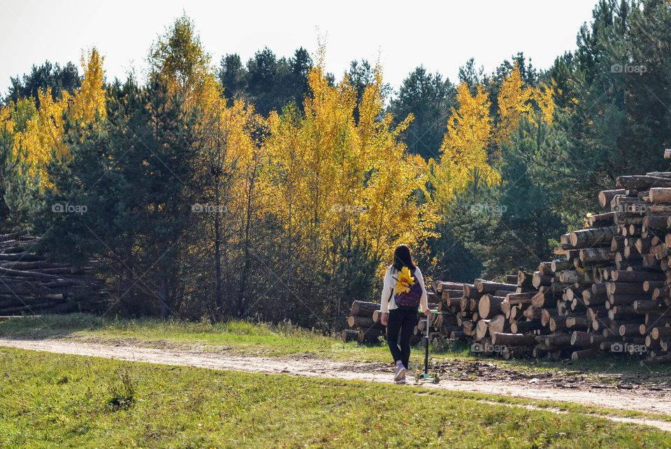 girl walking with yellow leaves beautiful autumn nature landscape