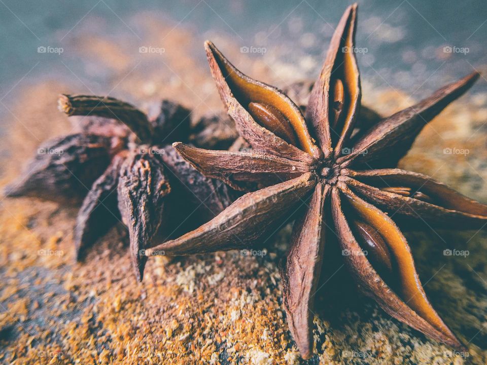 2 star anise pods on a dusting of mixed spices 