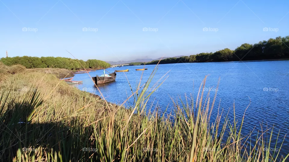 Blue water river in evening