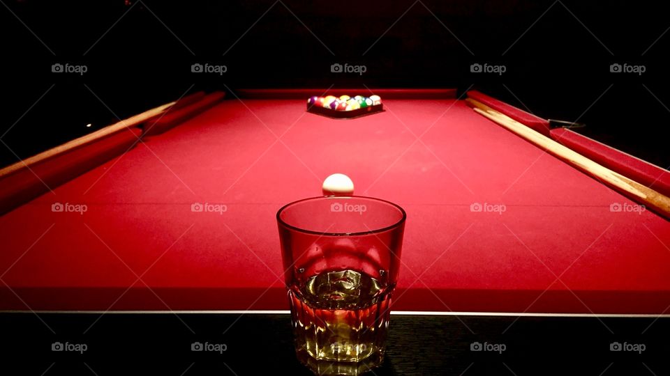 Glass of whiskey in a pool table, Belfast, Northern Ireland