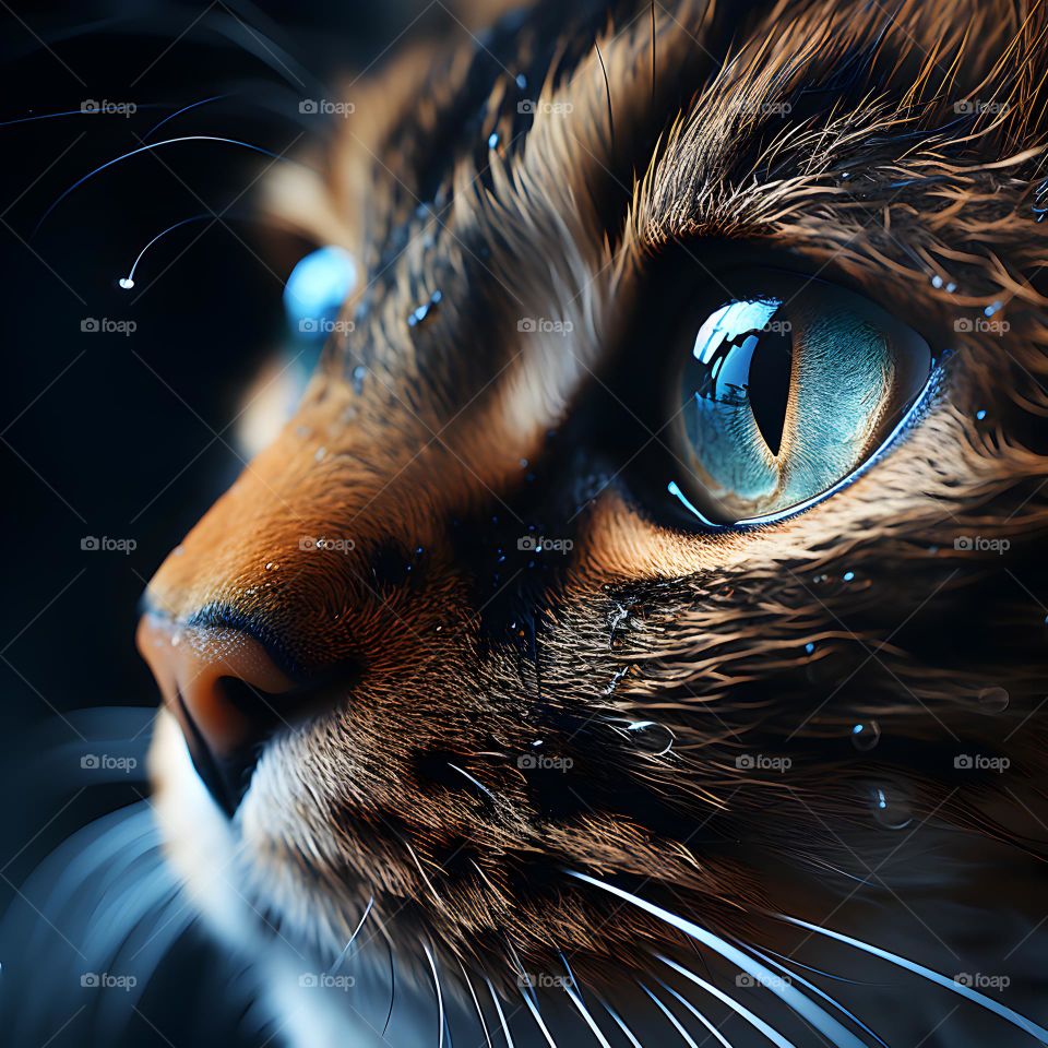 close up of a cat face with round eyes, in the style of vray tracing, photo-realistic techniques