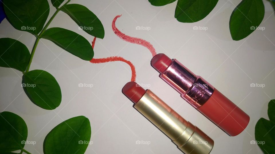 Lipsticks in the middle of green leaves against a white background.