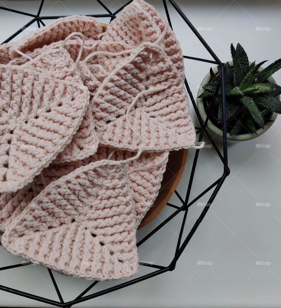 Patches of crochet blanket in progress