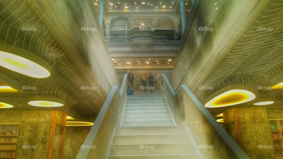 library, Bucharest, Romania, Carturesti, architecture, interior, corners, stairs, steps,