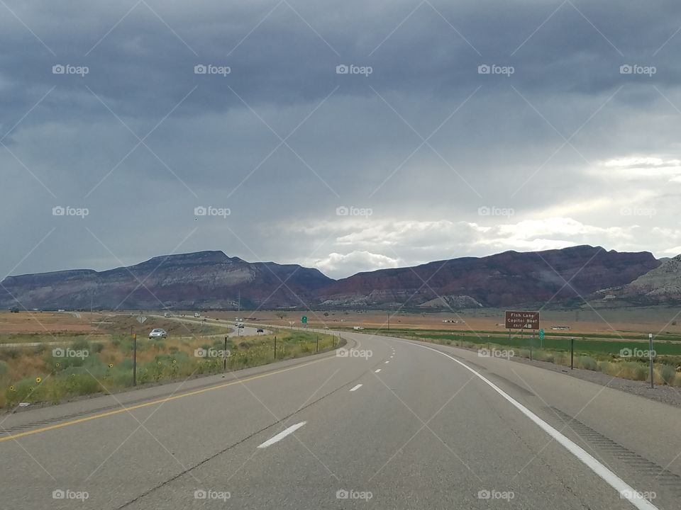 Utah highway, driving into a strom.