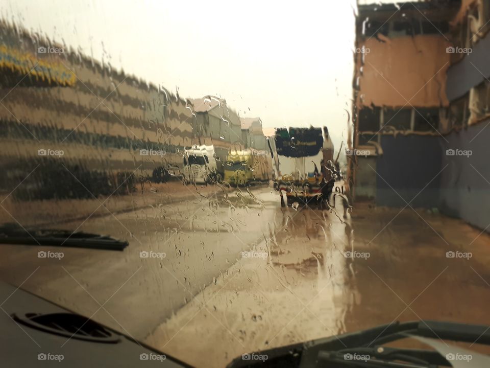 look from the truck's cab while it rains