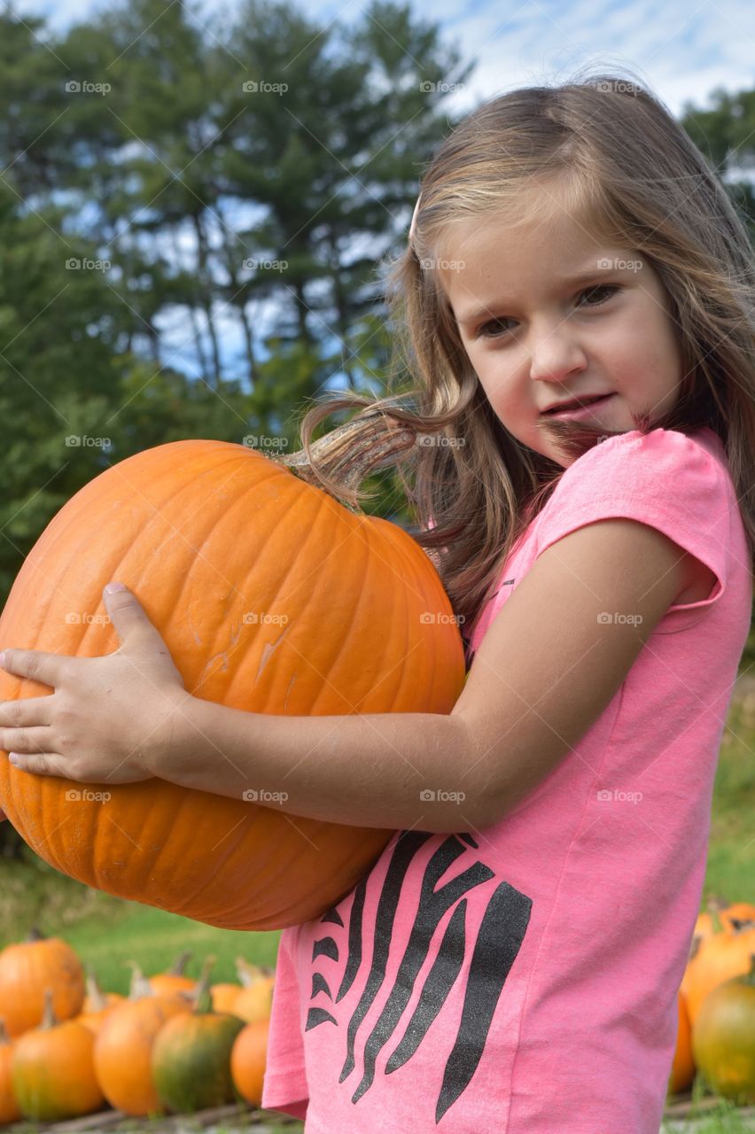 cute little girl holding pumpkin