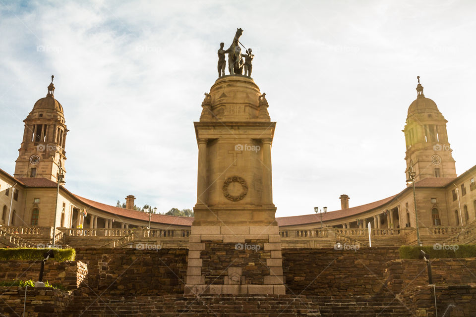 The government Union buildings in the capital of South Africa, Pretoria. The buildings is a famous tourist attraction. Horse statue at the building.