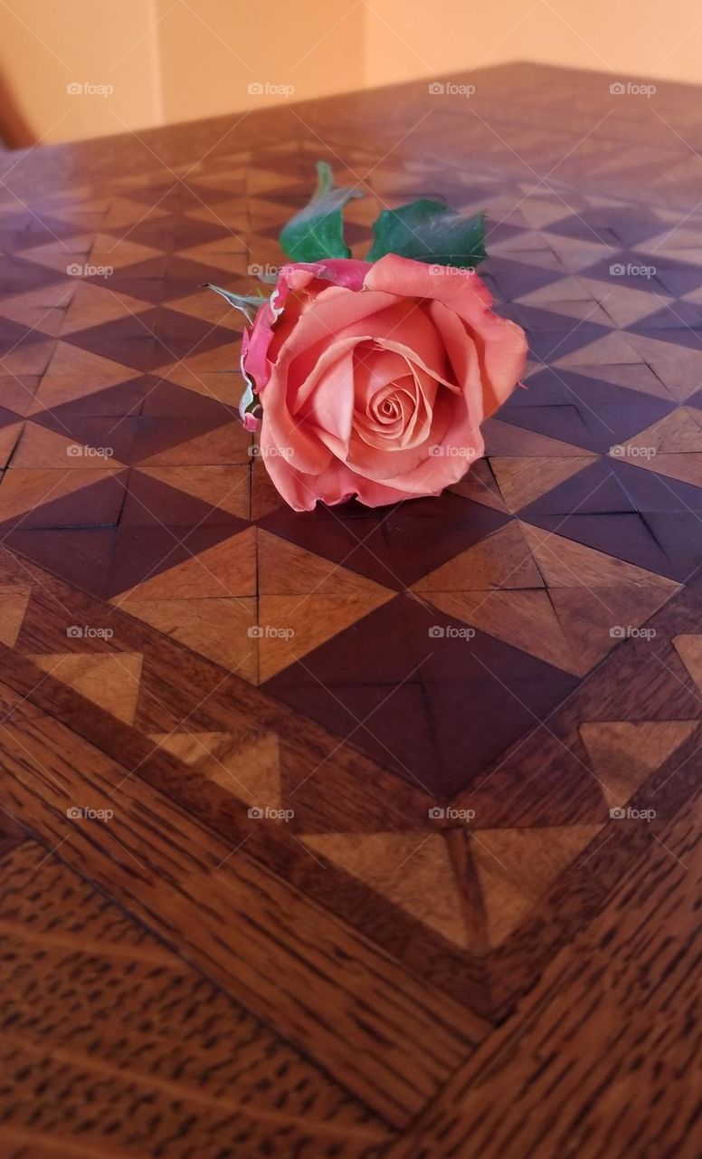 Salmon Colored Rose On Handmade Inlaid Wooden Table