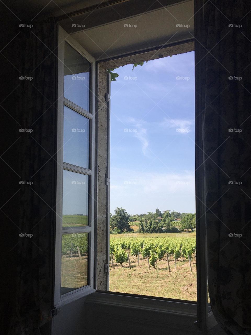 Window opening on vineyard and countryside in summer light