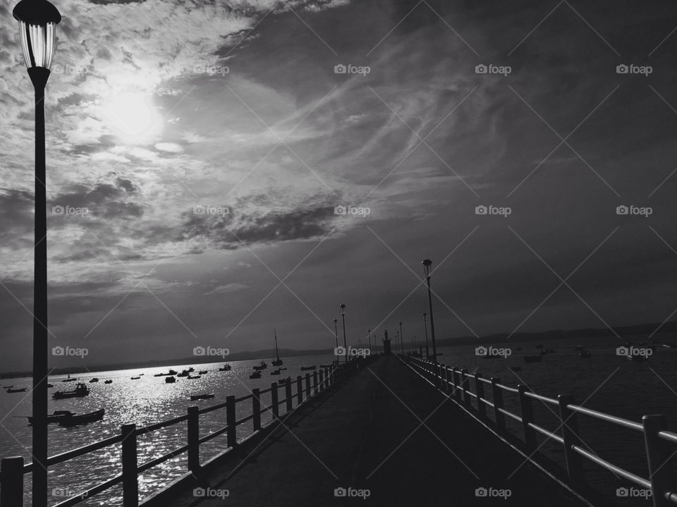 Pier, seashore, boats, black and white 
