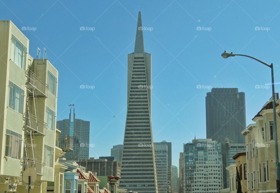 Downtown San Francisco. Iconic Transamerica Pyramid Skyscraper In Downtown San Francisco As Seen From North Beach 
Neighborhood
