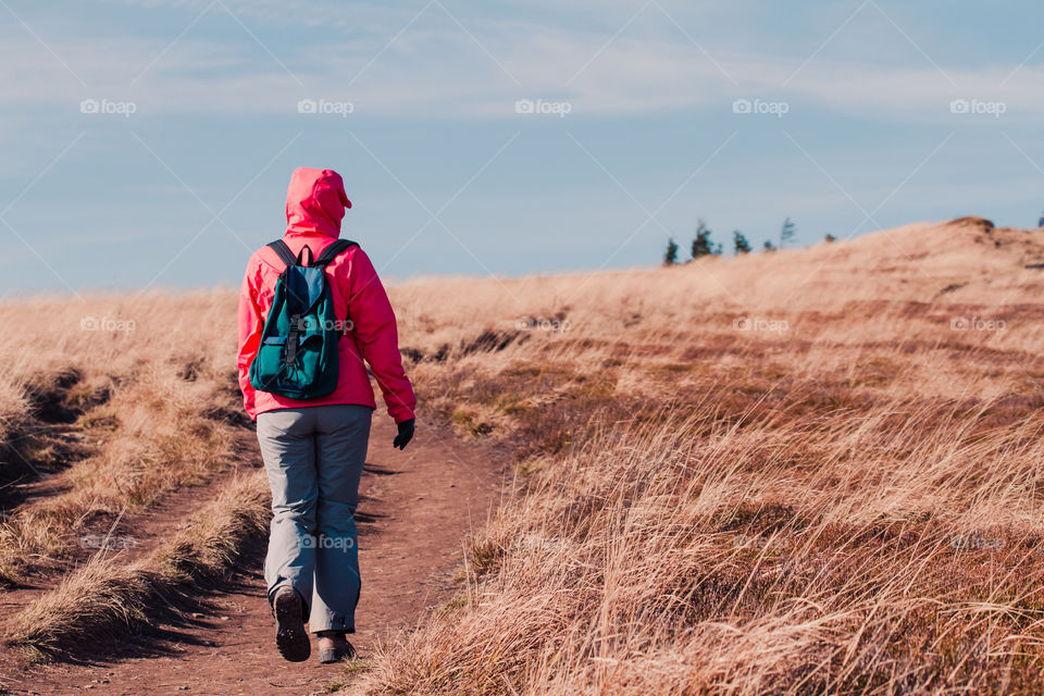 Woman walking along mountain path admiring mountains scenery during a trip on sunny windy autumn day. Hiker wearing sports clothes and shoes carrying backpack on her back. There is grassy hillside coloured with browns around footpath in fall season