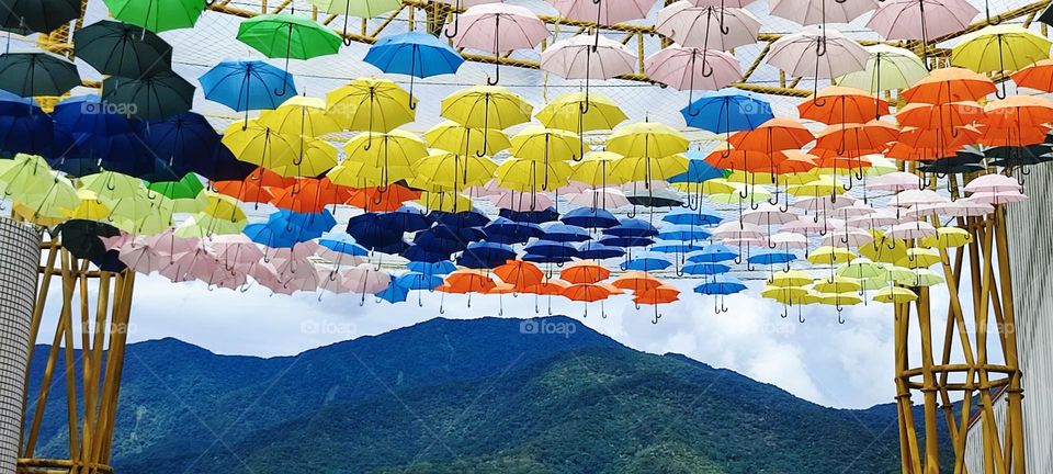 beautiful umbrella and mountains