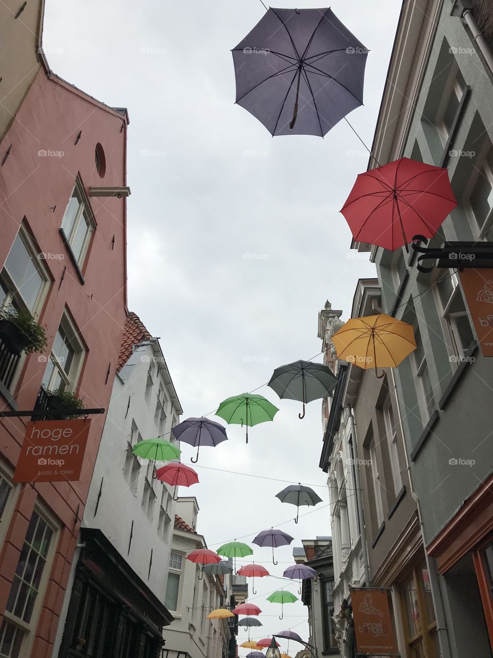 Umbrellas, street, houses