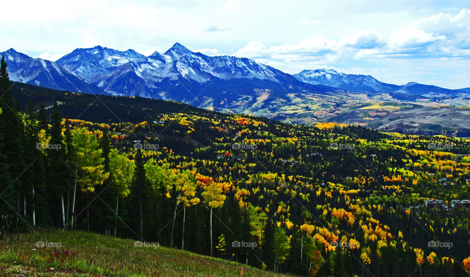 Colorful autumn view worth snowcappped mts near  Telluride.