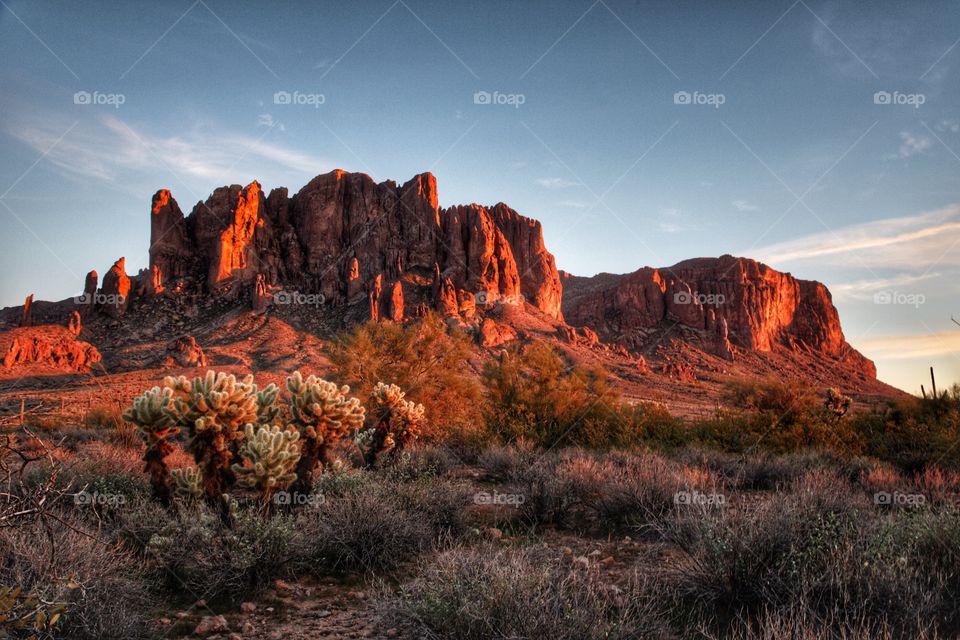 Beautiful Superstition Mountains at colorful sunset 