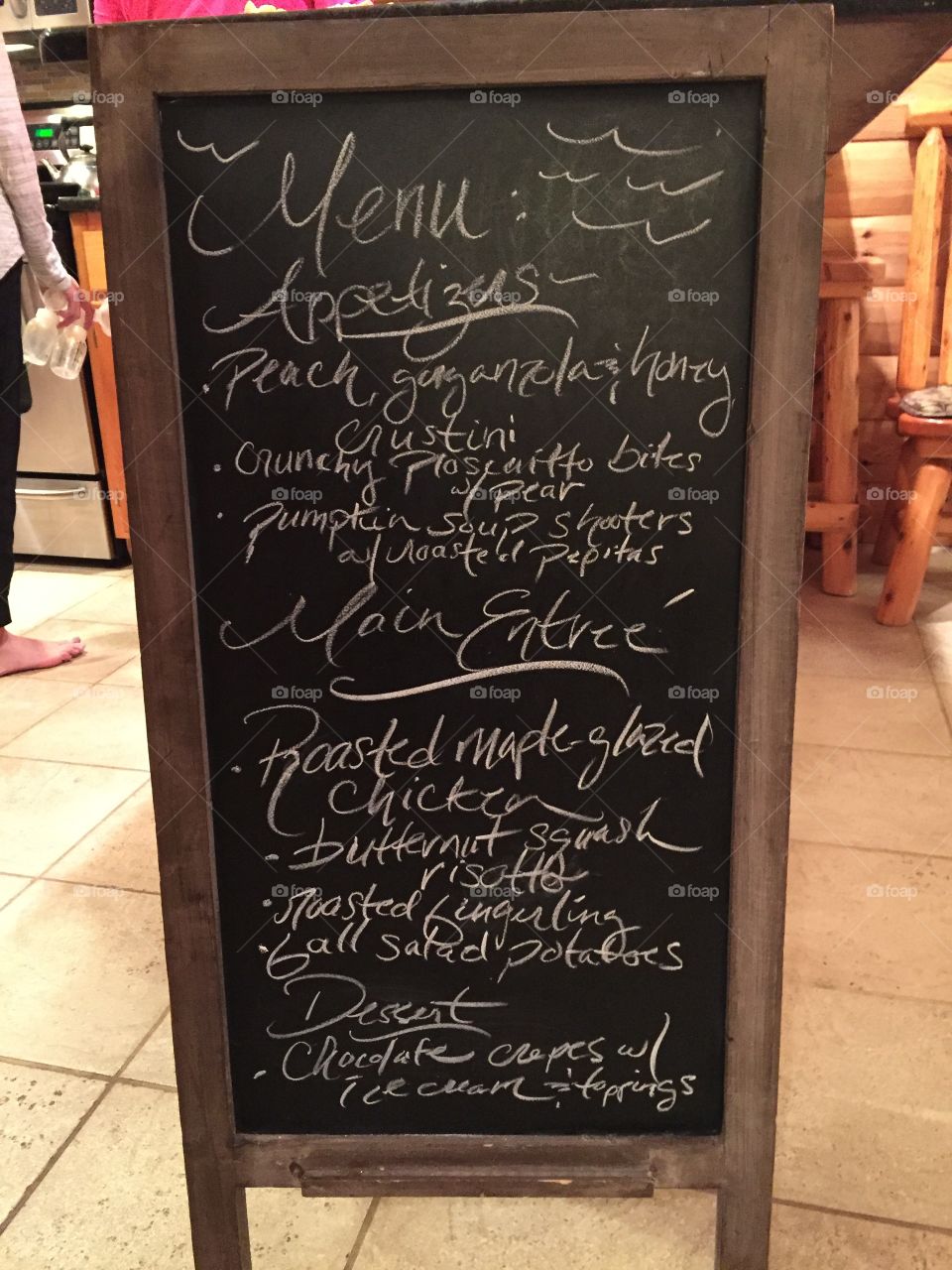 Menu to Relish. Menu board for dinner prepared by personal chef for work