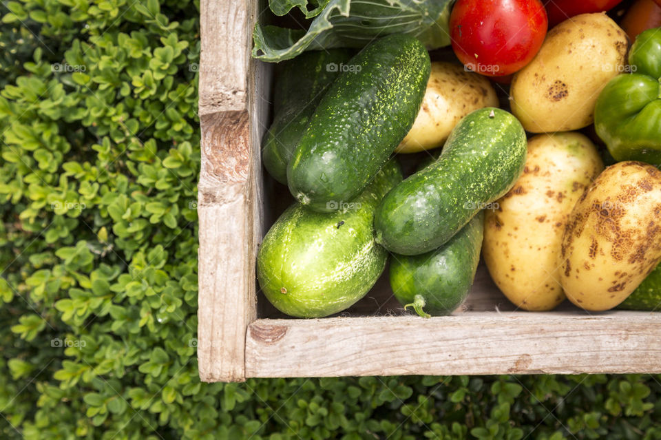 Mixed vegetables in wooden box