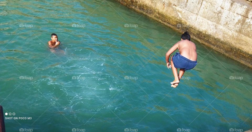 splendid jump into water at essaouira Harbour in Morocco.