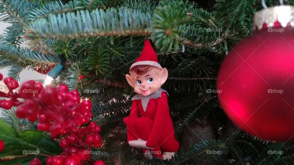 Red elf in Christmas Tree