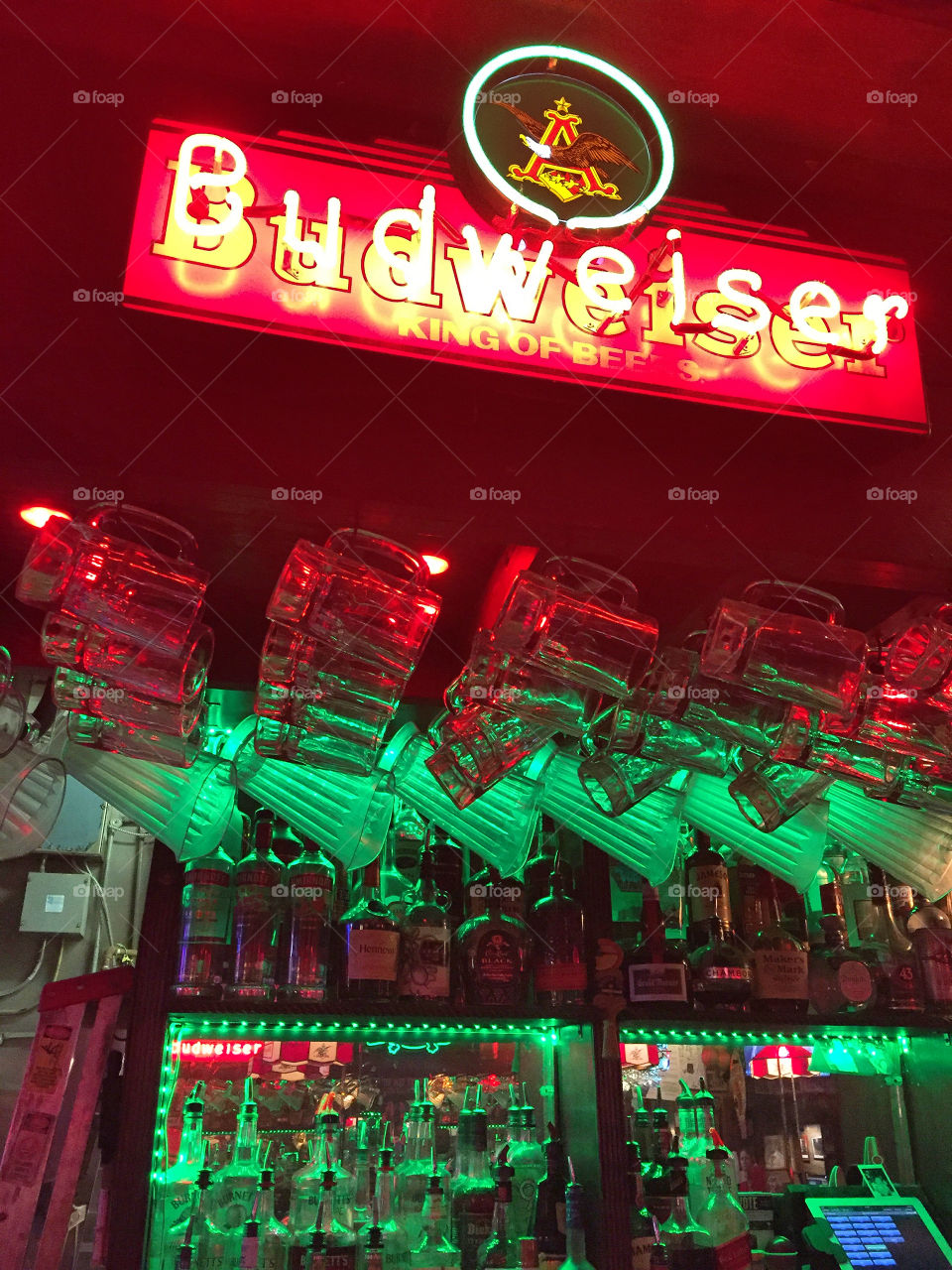 Neon Budweiser sign in Dufys Bar in Myrtle Beach South  Carolina.  