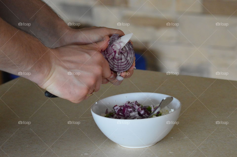 Healthy breakfast- white cottage cheese with onions, chives, salt and pepper on bread