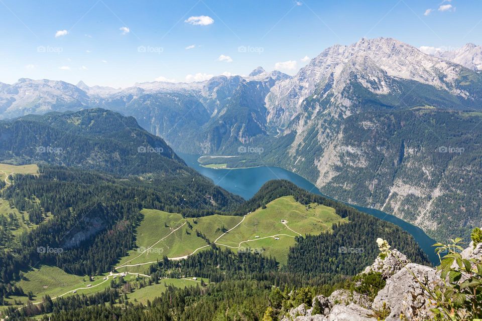 Beautiful mountains surrounding lake Königsee in Berchtesgaden Germany , view from the mountain Jenner 