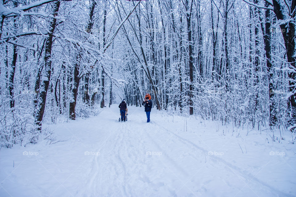 Family in a winter wood